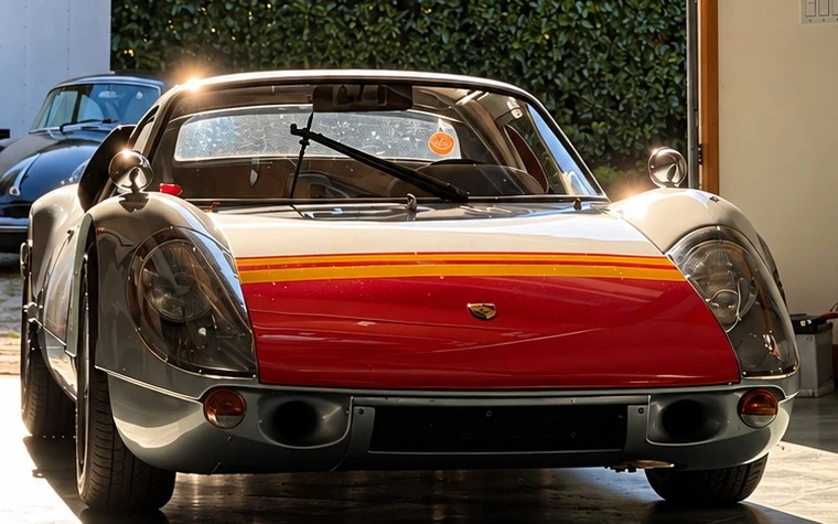 A silver and red 904 in a garage, lights on